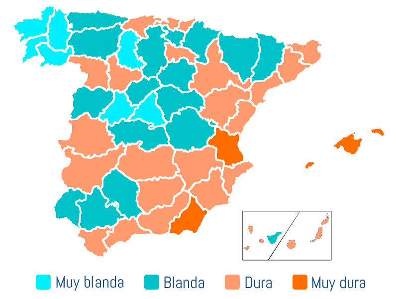 mapa de españa con las durezas del agua de las distintas provincias