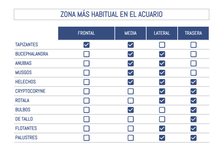 Tabla con las zonas del acuario más habituales en función del tipo de plantado