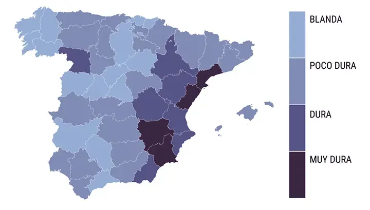 Mapa de las durezas del agua en función de la provincia.