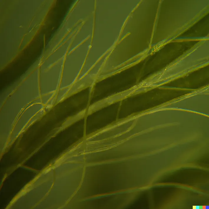 Detalle microscópico de un alga filamentosa verde.