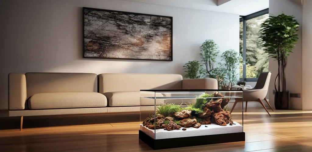 Elegir el tamaño del acuario es muy importante. La imágen ilustra un acuario plantado en un salón con decoración tipo Zen minimalista.