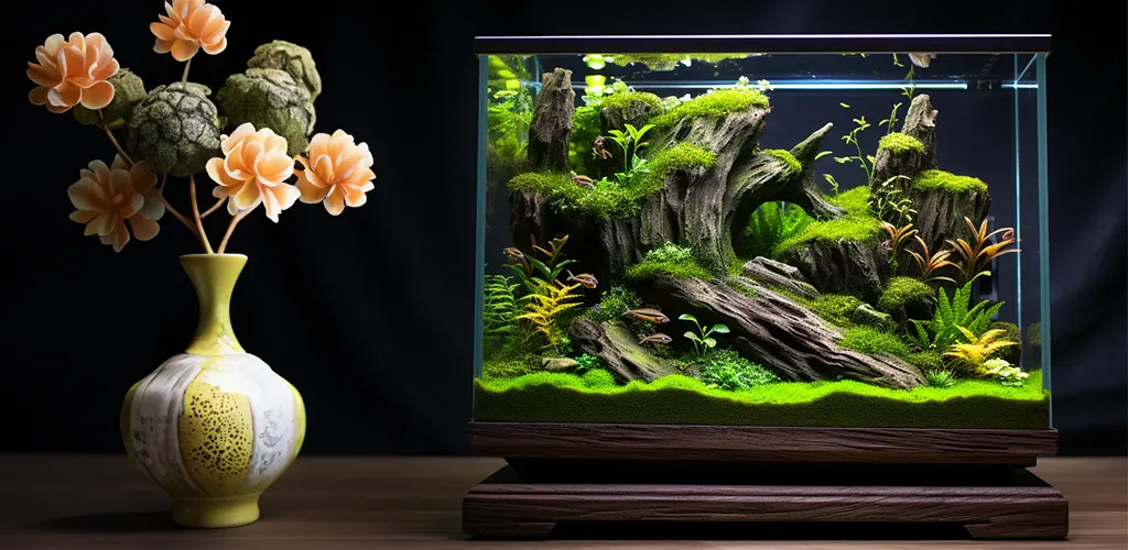 Acuario plantado diseñado con materiales naturales