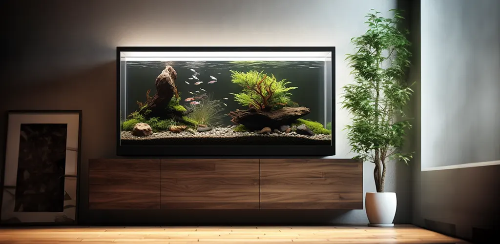 Acuario plantado en un salón de diseño zen.