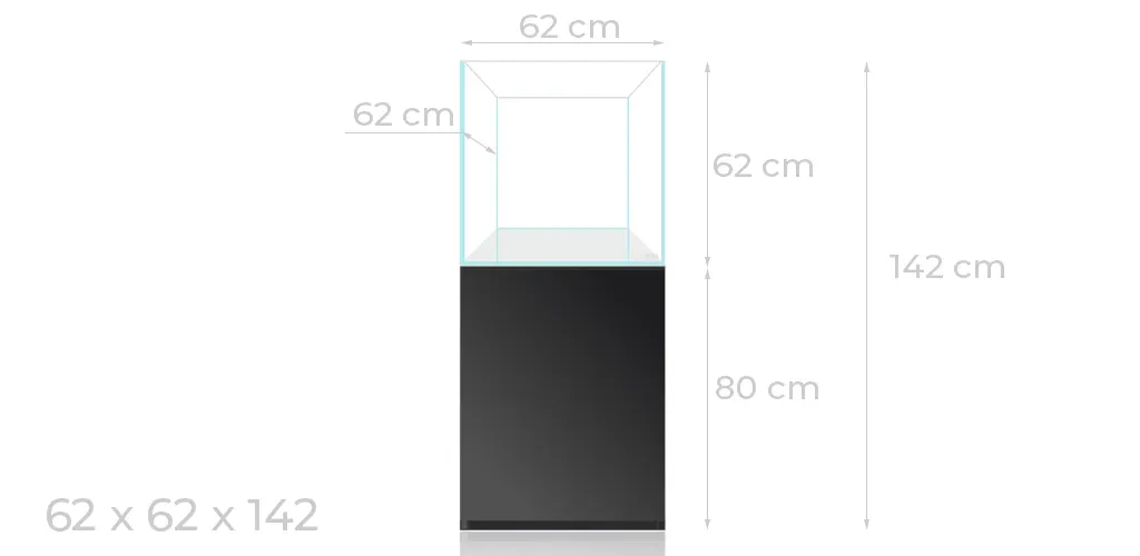 Blau Gran Cubic Experience 62 con mueble negro, croquis con medidas.