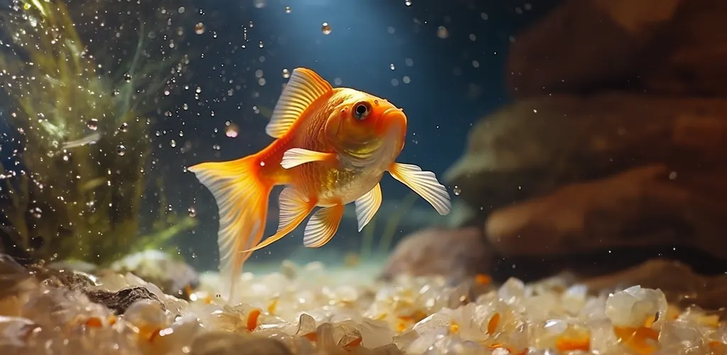 Fotografía de un Goldfish (carpa dorada) en primer plano. Uno de los peces que sí se pueden comer tus plantas en el acuario.