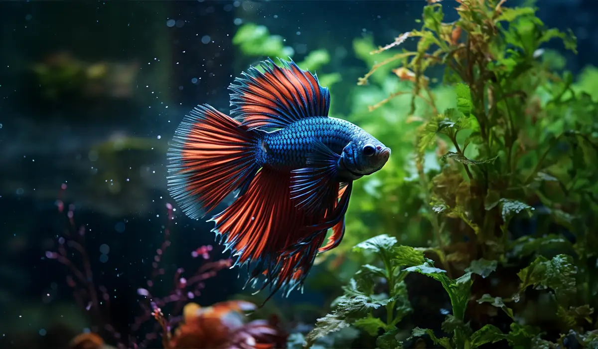 Fotografía de un Betta en su acuario con las aletas desplegadas.