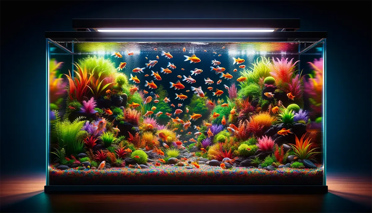 Acuario con plantas de plástico y grava de colores