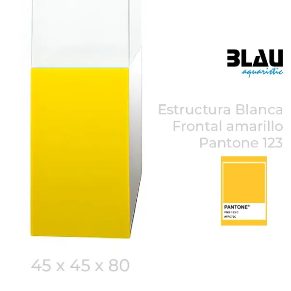 Mesa Blau con estructura blanca y puerta frontal en amarillo de 45x45x80.