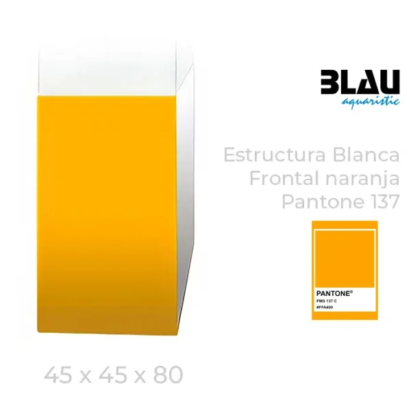 Mesa Blau con estructura blanca y puerta frontal en naranja de 45x45x80.