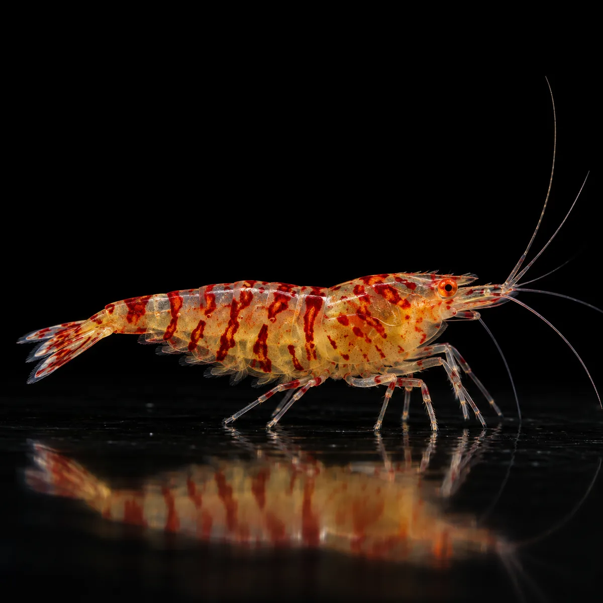 Gamba Caridina OE Red Tiger con un cuerpo translúcido con bandas rojas y ojos naranja en nascapers.es