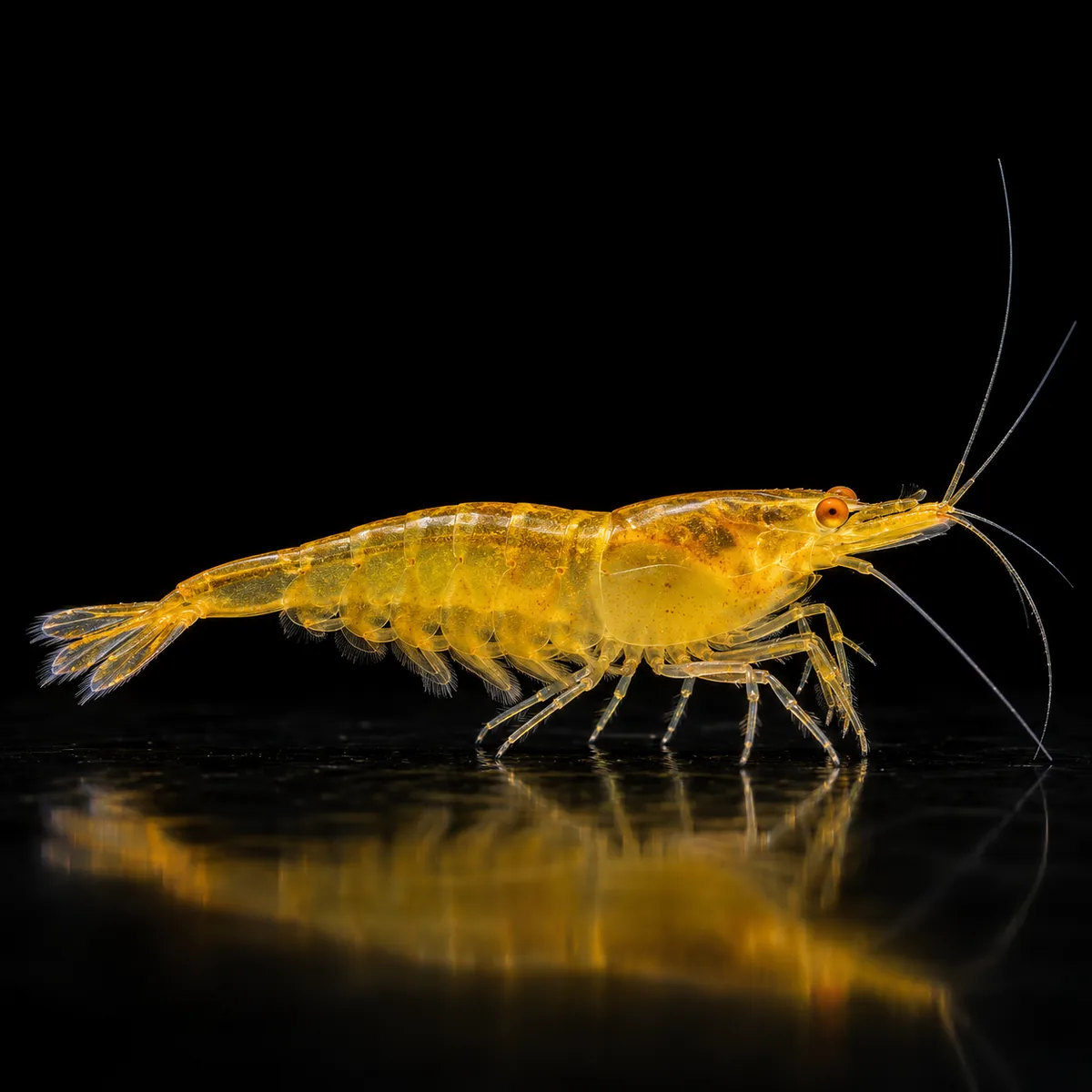 Gamba Caridina OE YKK con coloración amarilla y ojos naranja en nascapers.es